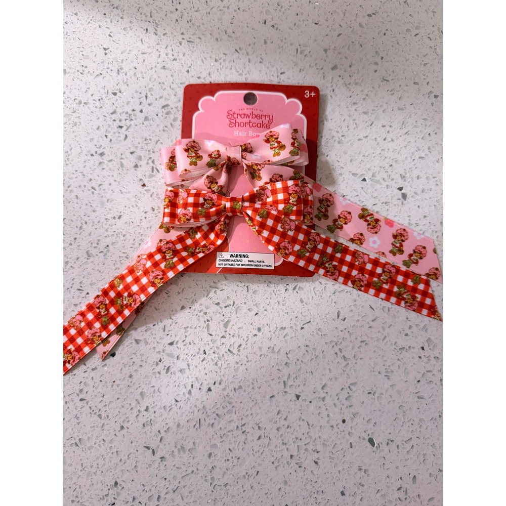 Strawberry Shortcake Hair Bows 2pc Set Pink Gingham Alligator Clips WildBrain